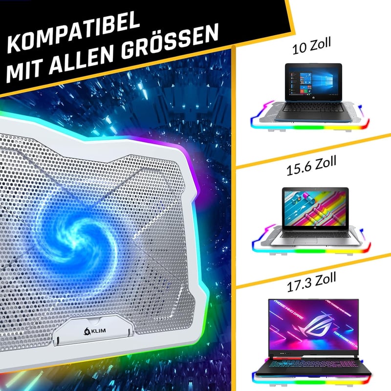 KLIM Ultimate Bianca RGB Laptop Hűtő 11-17" - Új 2024 Gamer Modell, Mac/PS4/PS5/Xbox Kompatibilis