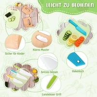 Goodchef 5 részes gyerekeknek való konyhai késkészlet - Dinoszáuros mintájú, biztonságos, fogazott élű műanyag és fa kések 2 éves kortól, zö 5