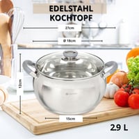 Daniks Rozsdamentes Acél Lábas 2,9L Üvegfedővel - Indukciós Főzőlappal Kompatibilis Edény Szilikon Fogantyúkkal, Mosogatógépben Mosható 3