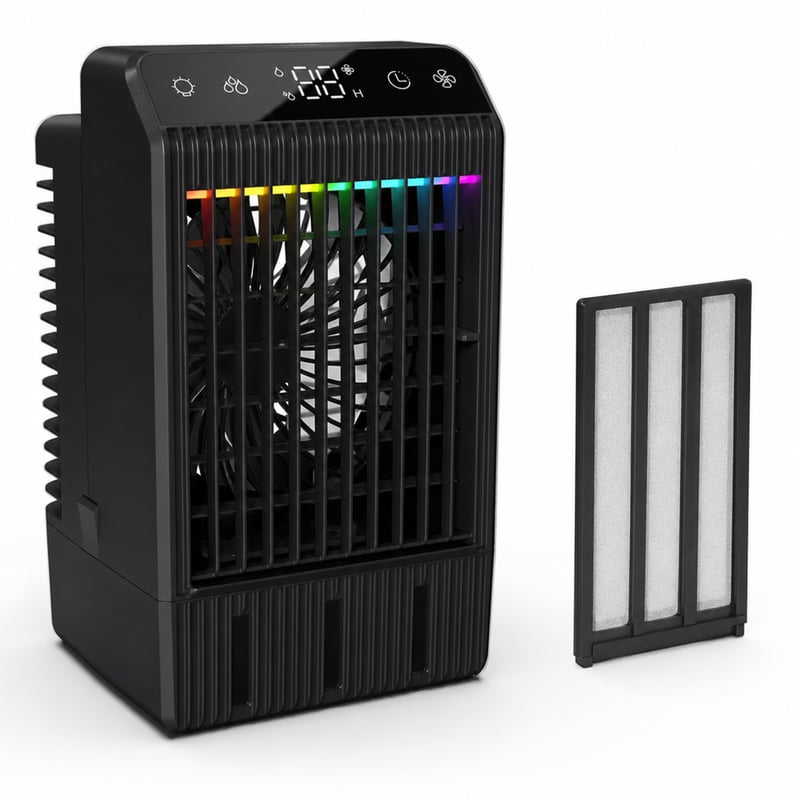 Mobilný ochladzovač vzduchu Tiptop Home s 1000 ml nádržkou na vodu, časovačom 2-12 h, 4 kusy – chybné, na náhradné diely: ventilátor sa nespustí (stav: pozri 2. obrázok)