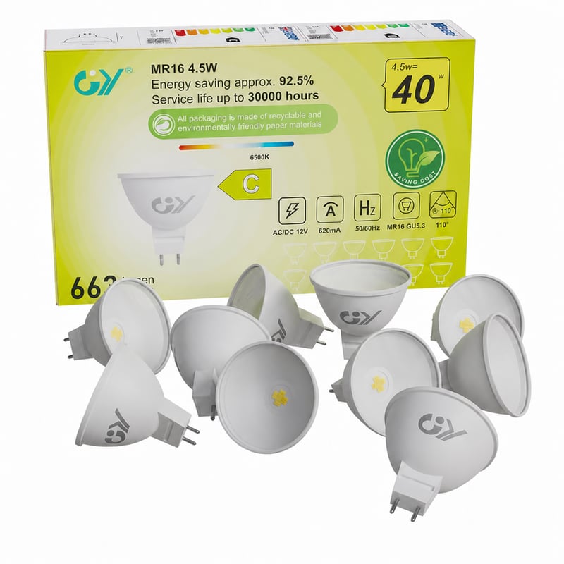 GY MR16 GU5.3 LED žarulja, hladno bijela 6500K, 4,5W, 663 lumena, kut snopa 110°, nije prigušiva, zamjena za 40W, 12V AC/DC, pakiranje – set od 11 komada