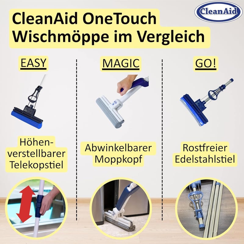 CleanAid OneTouch GO! Felmosó - Rozsdamentes Acél Nyéllel, Extra Nedvszívó PVA Szivaccsal, Csavarófunkcióval, Összecsukható Szegmensekkel Pa
