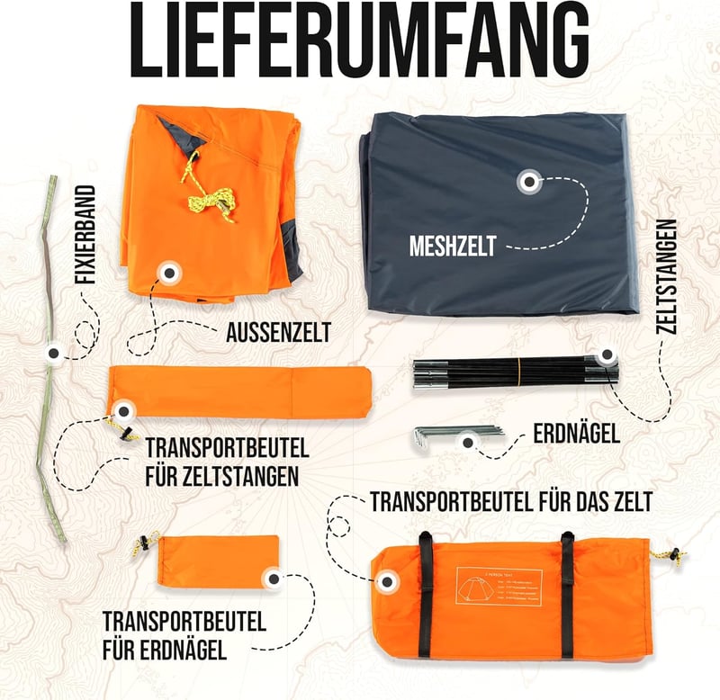 VALKENBERG Ultrakönnyű Narancssárga Trekking Sátor 1-2 Személynek - Fesztiválokra, Túrázásra