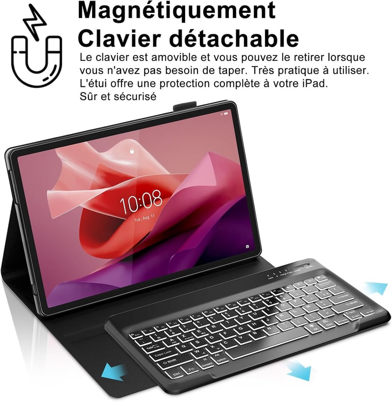 FARYODI billentyűzet Lenovo Tab P12 12.7 hüvelykes (2023) táblagéphez – 7 színű háttérvilágítással, levehető vezeték nélküli Bluetooth billentyűzet francia AZERTY kiosztással, fekete – kompatibilis a Lenovo Tab P12 12.7" 3K (TB371FC)