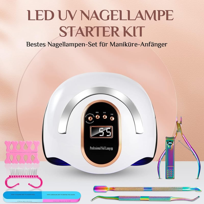 NAXBEY 168W UV/LED Műköröm Lámpa Szenzorral, 4 Időzítővel és 7 Részes Manikűr Készlettel - Gyors Szárítás, Hordozható Fogantyú, Kezdőknek és