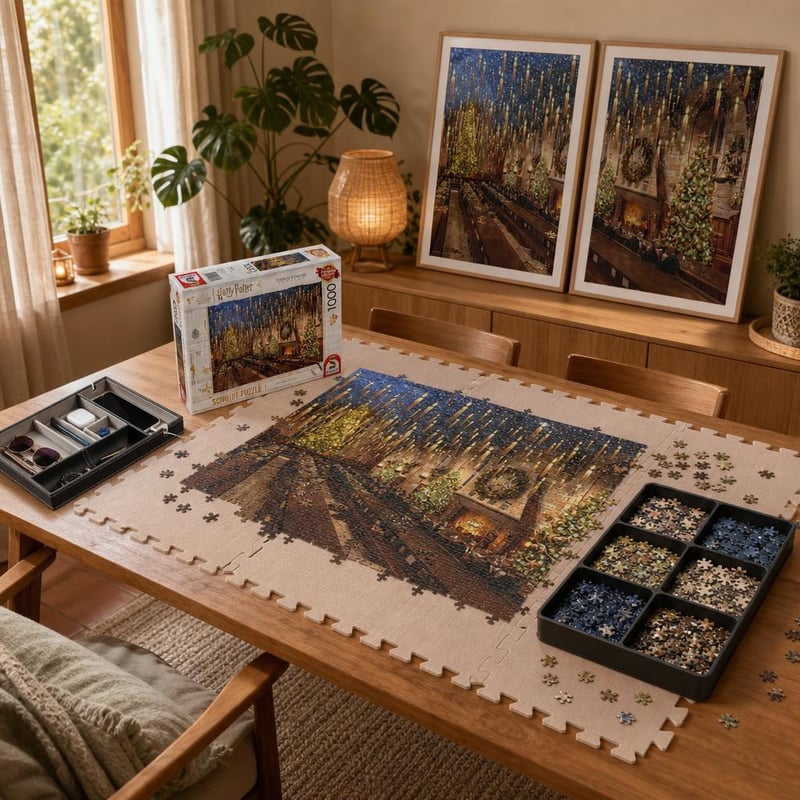 Hogwarts puzzle kút: 1000 ks Harry Potter puzzle + 12 ks EVA podložka + 6-dielny podnos + 2 ks rám 50x70