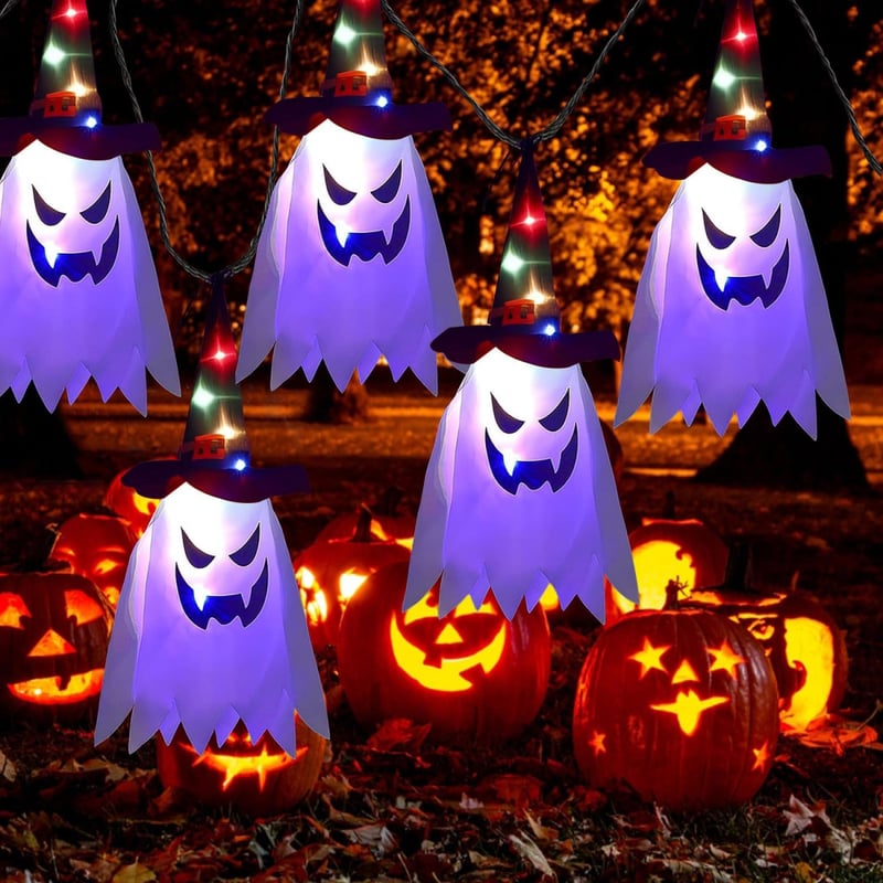 Sunshine smile Halloween Kültéri Dekoráció - 5db Világító Függő Szellem Szett - Boszorkánykalap és Szellemdíszek Kertbe, Fára, Partira - Újr