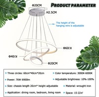 LXJCSM Modern LED Csillár 76W - 3 Gyűrűs Függőlámpa Távirányítóval, Állítható Magasság, Szabályozható 3000K-6000K, Nappali, Háló és Étkező V 3