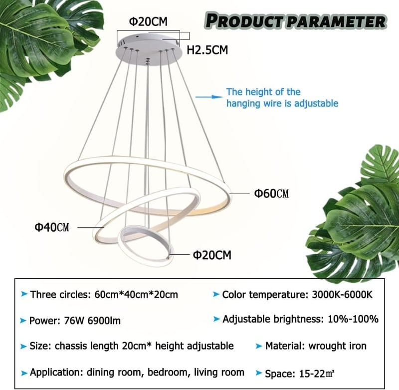 LXJCSM Modern LED Csillár 76W - 3 Gyűrűs Függőlámpa Távirányítóval, Állítható Magasság, Szabályozható 3000K-6000K, Nappali, Háló és Étkező V
