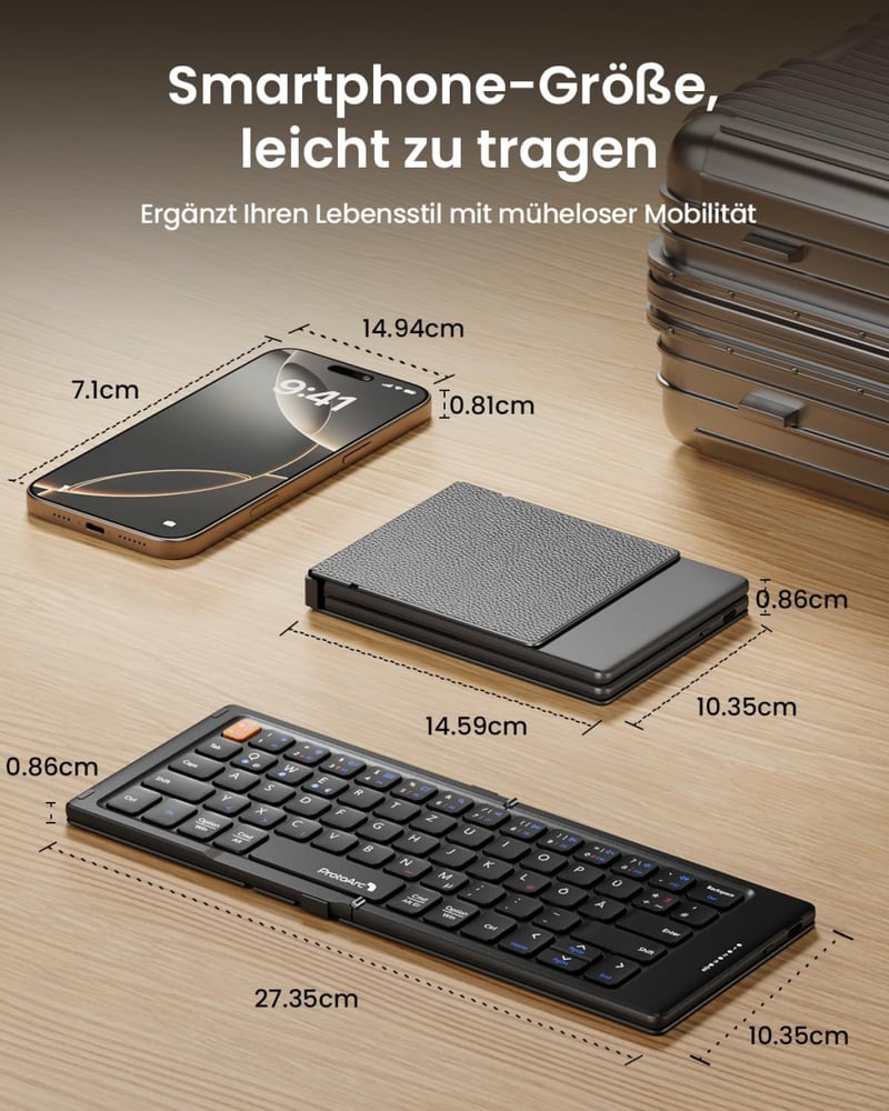 ProtoArc XK04 Összecsukható Kompakt QWERTZ Bluetooth Billentyűzet PU Bőrtokkal - Hordozható Mini Utazó Klaviatúra iPad iPhone Mac Android Wi