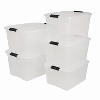 Set 5 cutii de depozitare Iris Ohyama TB-45, transparente, cu capac și închidere cu clips, 45L, stivuibile, utilizate, cu zgârieturi 1
