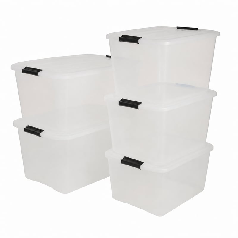Set 5 cutii de depozitare Iris Ohyama TB-45, transparente, cu capac și închidere cu clips, 45L, stivuibile, utilizate, cu zgârieturi