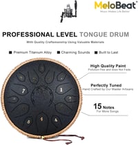 MeloBeat Tongue Drum 12" 15 Hangú D-dúr Acél Handpan Készlet - Professzionális Ütőhangszer Dalkönyvvel, Ütőkkel és Hordtáskával (Fekete) 3
