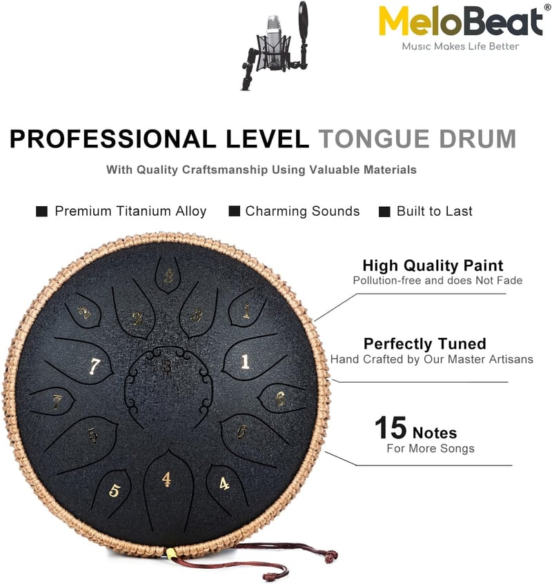 MeloBeat Tongue Drum 12" 15 Hangú D-dúr Acél Handpan Készlet - Professzionális Ütőhangszer Dalkönyvvel, Ütőkkel és Hordtáskával (Fekete)