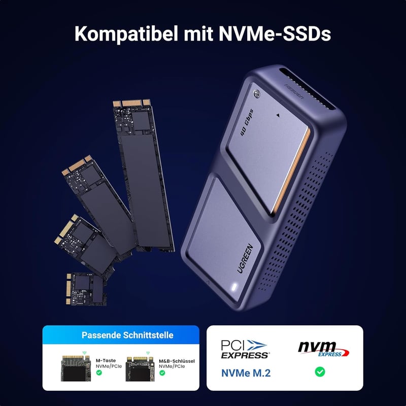 UGREEN USB 4 M2 Ház 40Gbps NVMe Külső SSD Adapter Hatékony Hűtéssel, 8TB Kapacitás, MacBook Pro M4/M4 Pro/Max és HP Celeron N4120 Kompatibil