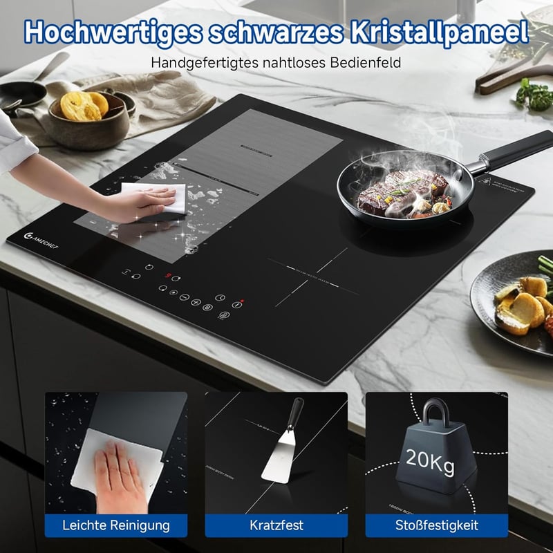 AMZCHEF 60 cm-es Indukciós Főzőlap Flex Zónákkal - 4 Zónás, 7200W, 9 Teljesítményszint, Boost Funkció, Időzítő, Gyerekzár, Túlmelegedés Elle