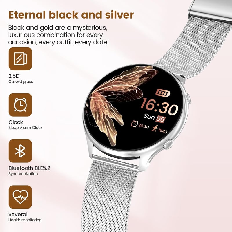 elfofle Női Okosóra Telefonálással, 1,39" HD Érintőkijelző, Ezüst, IP67 Vízálló, 120 Sport Mód, Pulzusmérő, iOS/Android