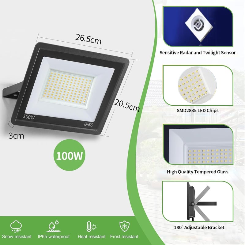 Fosingut 100W LED Reflektor Mozgásérzékelővel - 10000 Lumen Kültéri Lámpa, 6500K, IP66 Vízálló Falvilágítás Garázshoz, Pincéhez, Kerthez