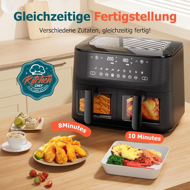 Cookwise 9L Dupla Fiókos Forrólevegős Sütő - 9-in-1 Főzési Mód, Betekintő Ablak, Érintőképernyő, Olajmentes Egészséges Sütés, Időzítő, 2570W
