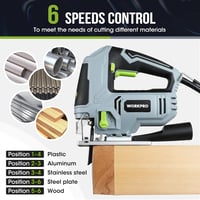 WORKPRO Dekopírűrész 850W - 6 Sebességfokozat, 4 Ingaállás, LED Világítás, ±45° Vágási Szög, Porelszívó Funkcióval, 7 Fűrészlappal, Fa és Fém 6