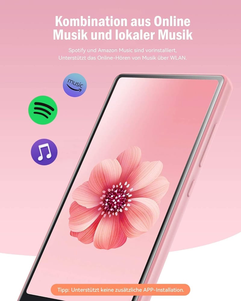AGPTEK 4" WiFi MP4 Lejátszó Android 6.0 Érintőképernyővel, 32GB Kártyával - Rózsaszín