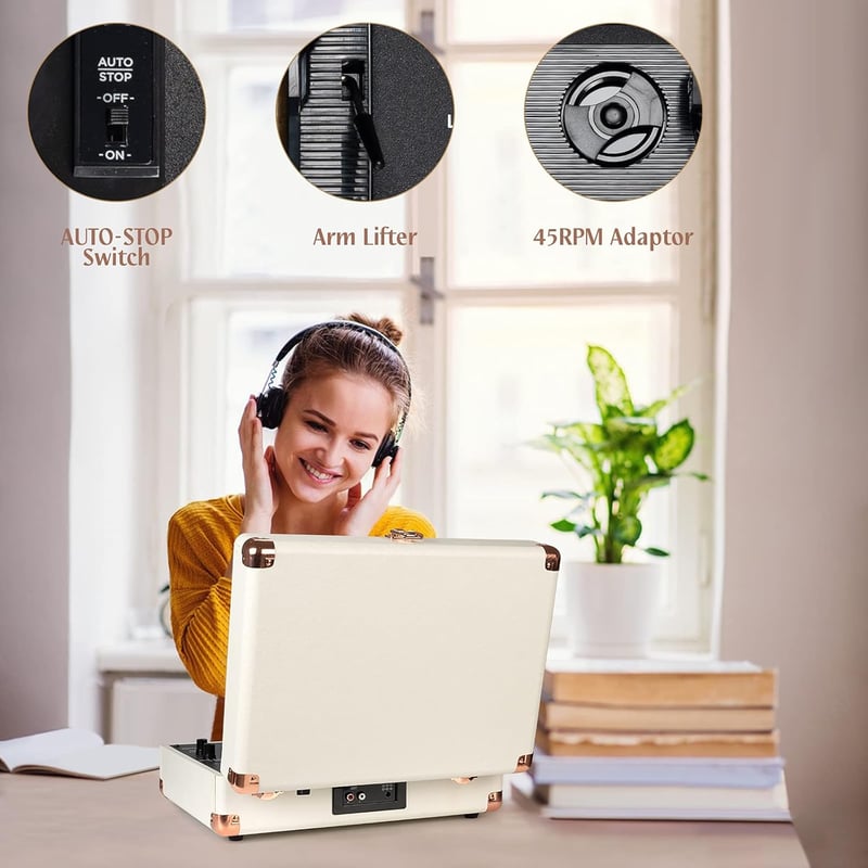 Hordozható Bluetooth lemezjátszó 3 sebességgel, beépített hangszórókkal - Bőrönd stílusú vinyl lejátszó