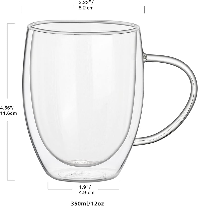 JNSMFC Dupla falú üveg kávéspohár szett 4 db, 350 ml, hőszigetelt, kanállal