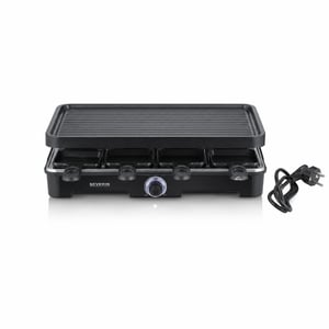 Severin RG 9670 Raclette roštilj crni, s velikom pločom za roštilj, keramika i — nedostaje 8 lopatica, ručka tave oštećena (stanje: vidi 2. sliku)