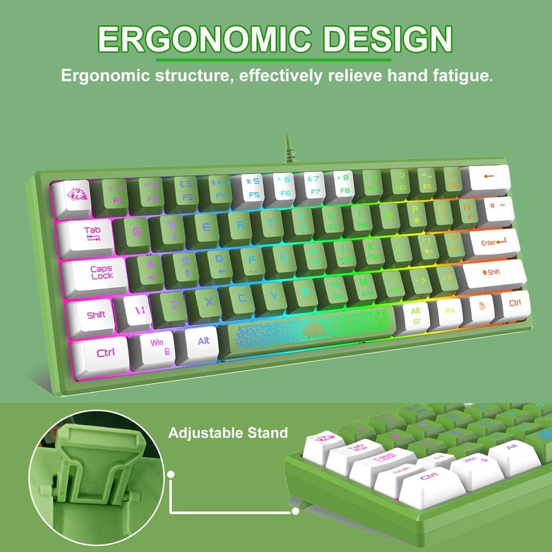 Redragon Mini 60% RGB Gamer Billentyűzet, Zöld-Fehér, QWERTY, PC/Mac
