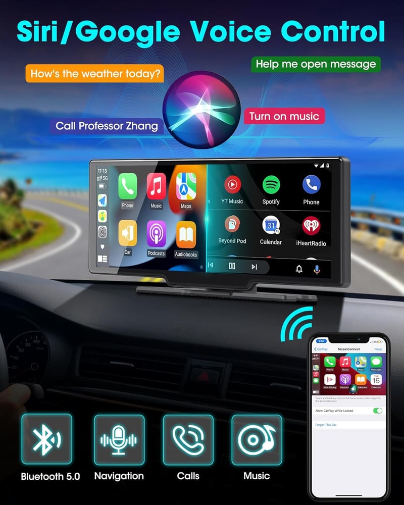 Jansite 10.26" Vezeték Nélküli CarPlay Android Autós Kijelző Érintőképernyővel, Tolatókamerával, Bluetooth, Mirror Link, Siri, AUX, FM Rádió