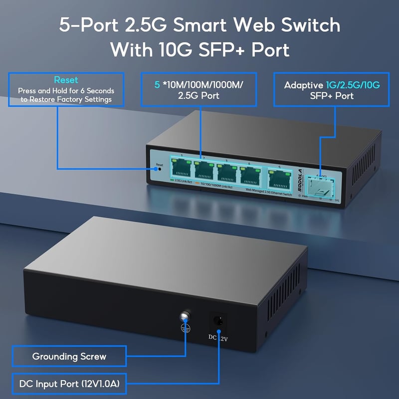 SODOLA 6 Portos 2.5G Smart Ethernet Switch - 5x 2.5G RJ45 + 1x 10G SFP Port, Menedzselhető, VLAN/QoS/IGMP Támogatás, Ventilátormentes Fém Há