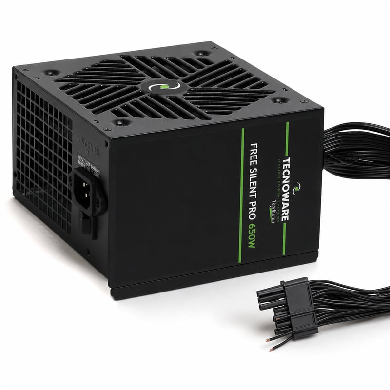 Tecnoware Free Silent Pro 650W ATX — chybný, čiastočne funkčný: z 24-pinového konektora sú vytrhnuté 2 káble (stav: pozri 2. obrázok)
