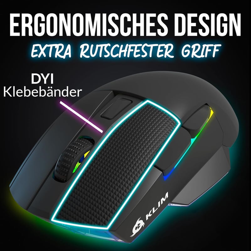 KLIM Blaze X RGB Vezeték Nélküli Gamer Egér - Újratölthető, Töltőállomással, 12000 DPI, PC/PS5/PS4/Mac Kompatibilis, Fekete