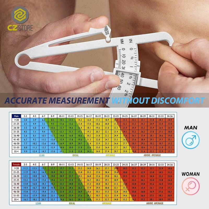Precíziós testzsírmérő csipesz táblázattal és útmutatóval