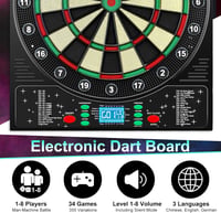 Mejasg Elektronikus Darts Tábla LCD Kijelzővel - 34 Játék, 355 Variáció, 12 Nyíllal - Többnyelvű Hangutasítás - 1-8 Játékos Részére - Fali D 2