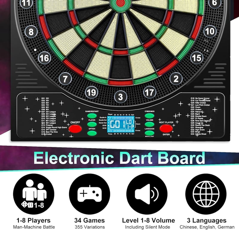 Mejasg Elektronikus Darts Tábla LCD Kijelzővel - 34 Játék, 355 Variáció, 12 Nyíllal - Többnyelvű Hangutasítás - 1-8 Játékos Részére - Fali D