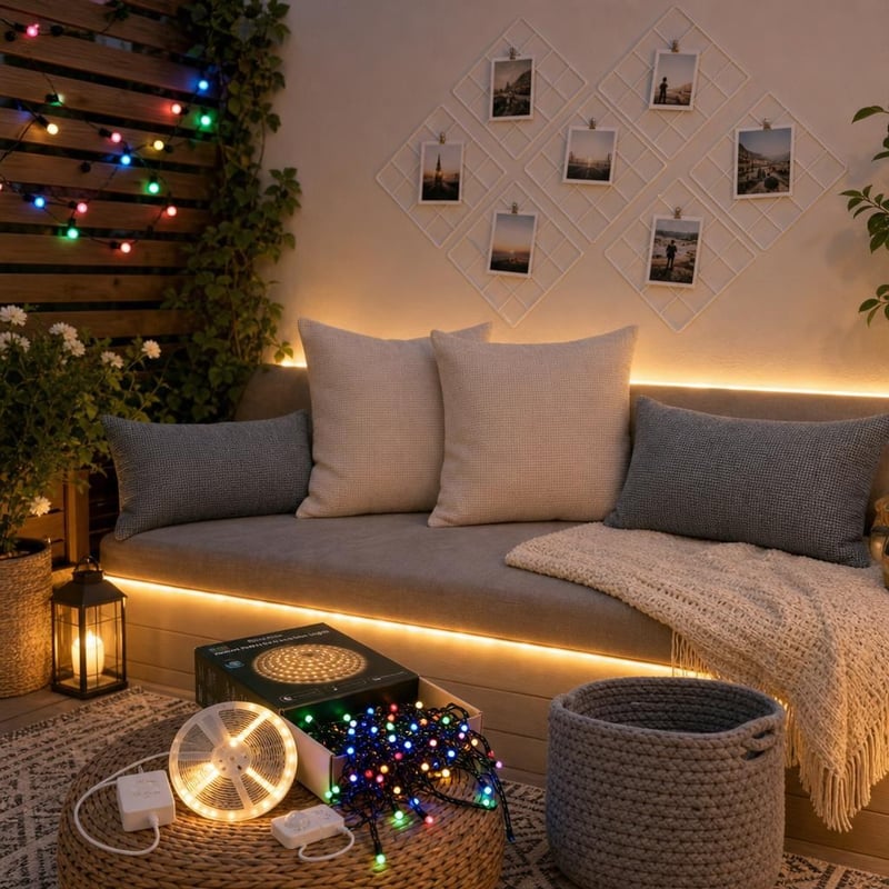 Dekorácia do izby: 5m LED pásik + 21m svetelná reťaz + 4x obliečka na vankúš + fotomriežka + košík