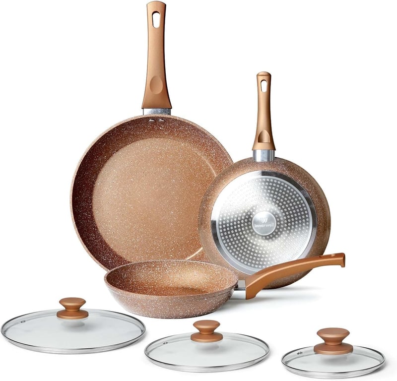 Innerwell Gránit Serpenyő Készlet 3 db (20+24+28 cm) Fedővel - Indukciós Tapadásmentes Edények, Sütőben Használható, Mosogatógépben Mosható,