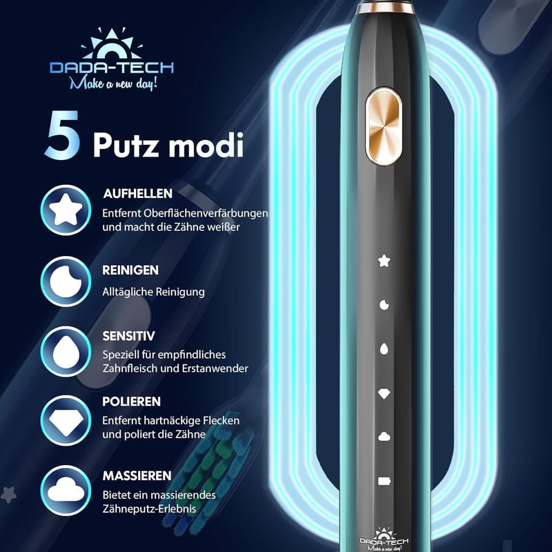 Dada-Tech Ultrahangos Elektromos Fogkefe 5 Üzemmóddal, Időzítővel, 9 Fejjel - Fekete