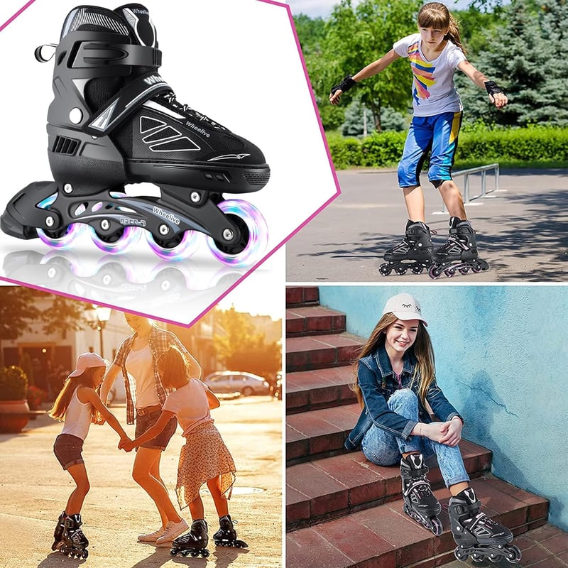 Wheelive Állítható Görkorcsolya Világító Kerekekkel - 4 Méretben Állítható Gyerek Roller, Fiúknak és Lányoknak, Kezdőknek (Fekete-Rózsaszín, (EU 39-42)