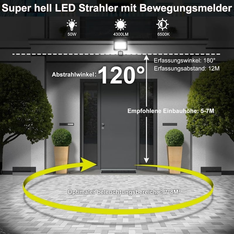 MEIKEE 50W LED Reflektor Mozgásérzékelővel - 4700LM, 6500K, IP66 Vízálló Kültéri Lámpa Kerthez, Garázshoz, 360° Forgatható Fejjel, Fekete - 50.0 Watt