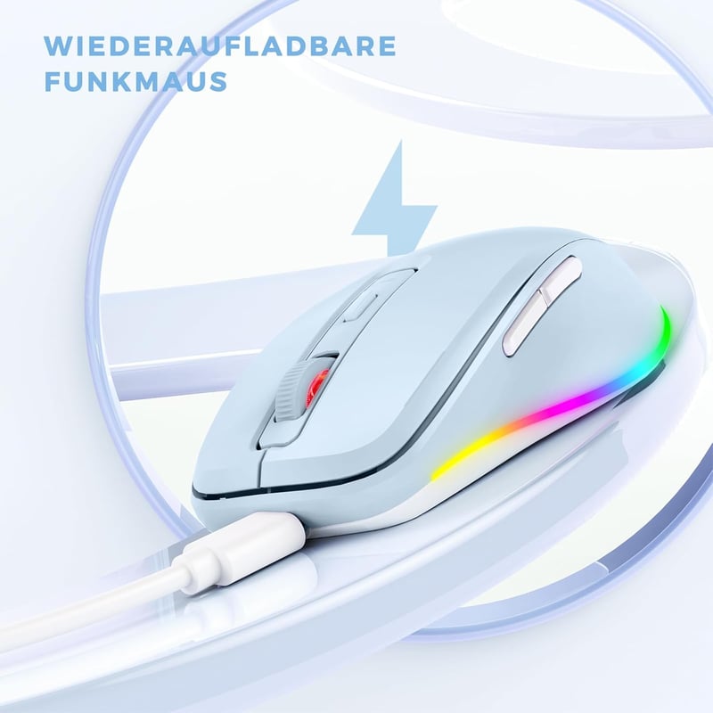 Seenda Vezeték Nélküli LED Egér, Újratölthető Jiggler Funkcióval, Csendes 2.4G USB Egér Laptophoz, 2000 DPI, Világoskék