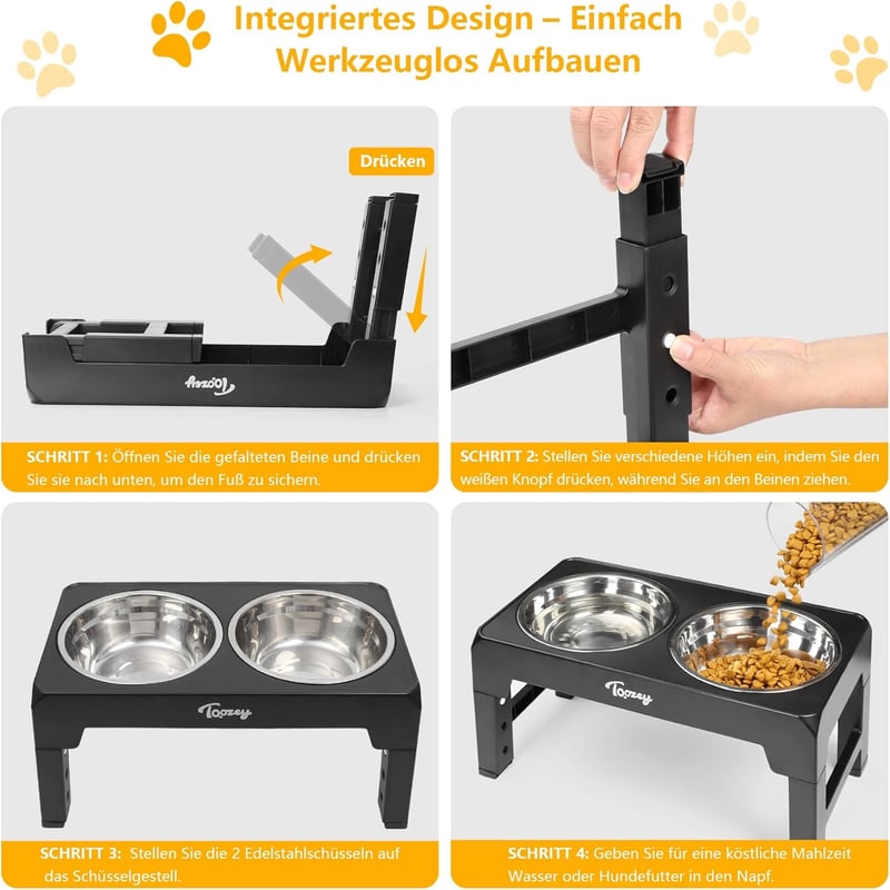 Toozey Magasságállítható Kutyatál Rozsdamentes Acél 1200ml Közepes és Nagy Kutyáknak - black