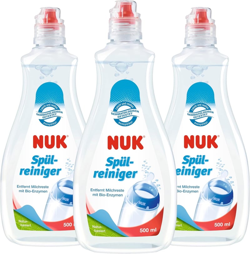 NUK Cumisüveg Mosogatószer 3x 500ml - Illatmentes, pH-semleges Babaüveg Tisztító Folyadék Cumikhoz és Kiegészítőkhöz, 3 db-os Csomag