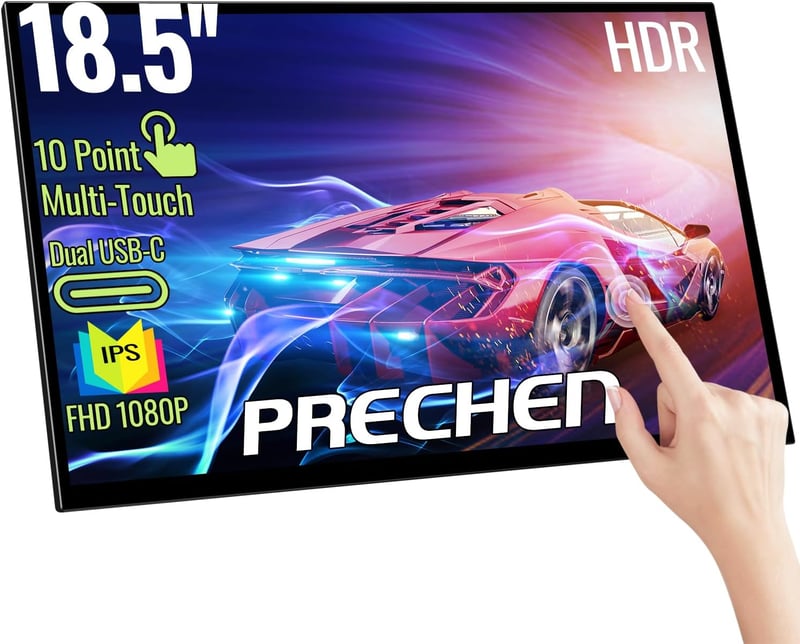 Prechen 18,5" Hordozható Érintőképernyős Monitor - 1080P FHD IPS, 99% sRGB, HDR, USB-C/HDMI, VESA, 180° Állítható, Laptop/PC/PS5/Xbox Kompat - black