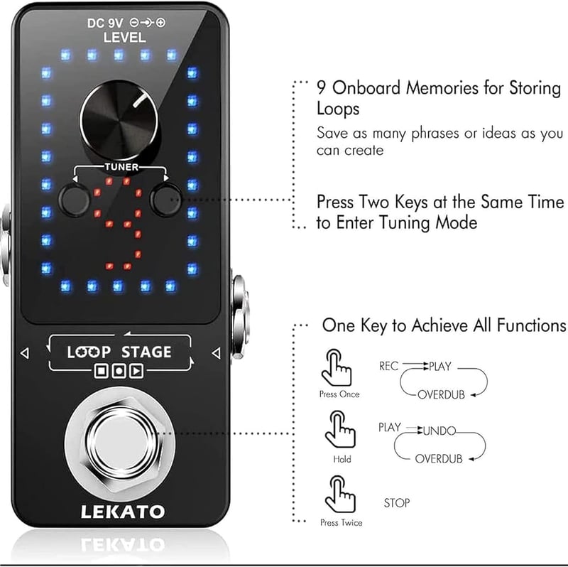 LEKATO Gitár Looper Pedál 9 Hurokkal, 40 Perces Felvételi Idővel, Beépített Hangoló, Korlátlan Overdub Funkció Elektromos Gitárhoz és Basszu