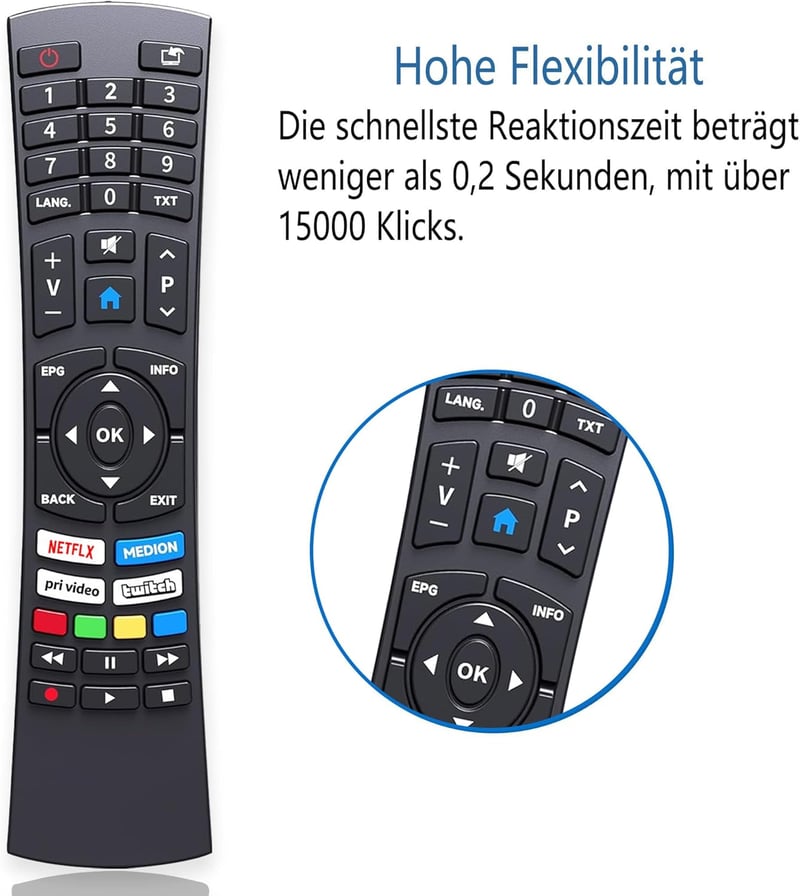 FOXRMT RC1822 Univerzális Távirányító Medion Ultra HD Smart TV-hez - Netflix és Prime Videó Gombokkal, 10m Hatótávolság, Előre Konfigurált, 