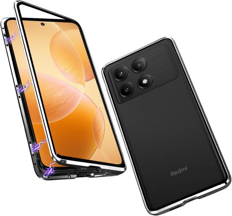 Xiaomi Poco X6 Pro mágneses tok - 360°-os védelem, átlátszó üveg, fekete alumínium keret