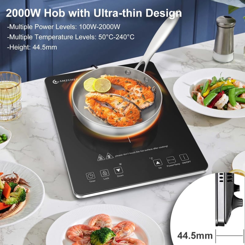 AMZCHEF Indukciós Főzőlap - Ultravékony Ezüst Egyzónás Lap 2000W Teljesítménnyel, 20 Hőfokszint, Időzítő és Biztonsági Zár Funkcióval - Small, Black