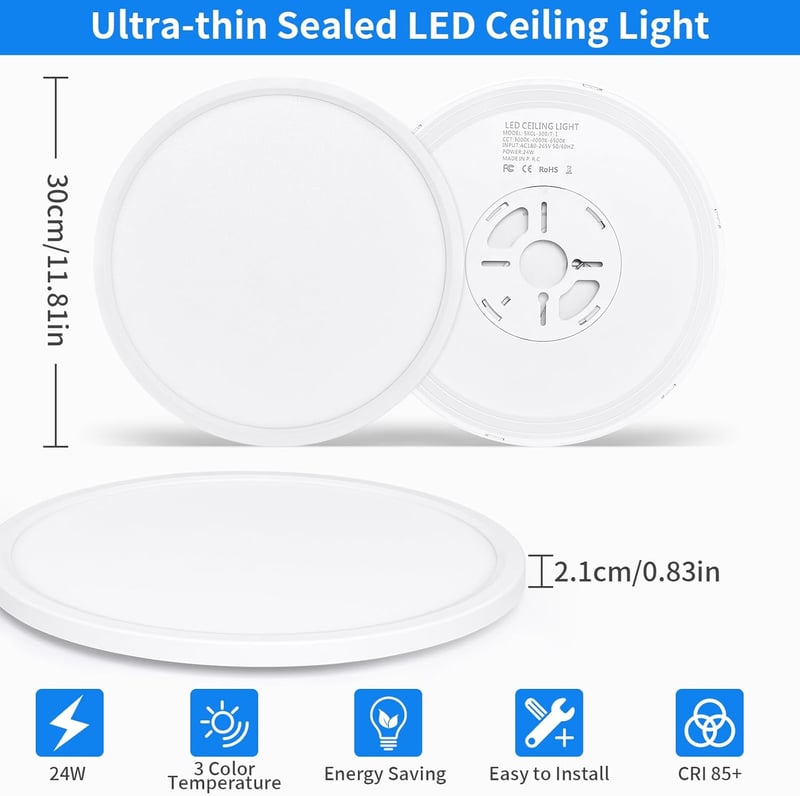 MOONSEA 24W LED Mennyezeti Lámpa - 3 Színhőmérséklet (3000K/4000K/6500K), Ultravékony Kerek Lámpatest Fürdőszobába, Hálóba, Konyhába, 30cm, 